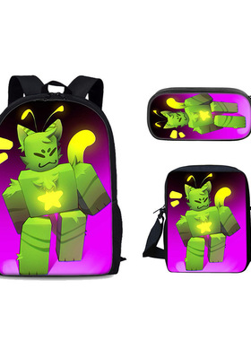 绿色猫Regretevator Gnarpy三件套装书包 卡通小学生背包挎包笔袋