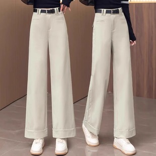 高腰百搭垂感小个子九分直筒裤 春秋2025新款 阔腿裤 灰绿色卷边时尚