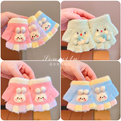 0-3岁小宝宝手套秋冬季婴幼儿男女童卡通可爱加绒半指截针织