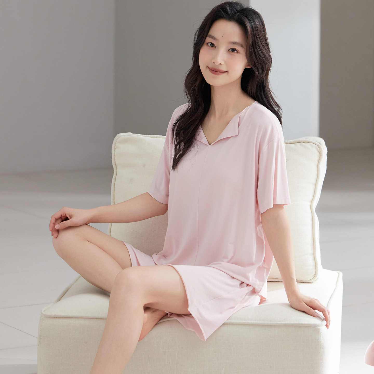 莫代尔女夏胸垫短袖短裤睡衣套装