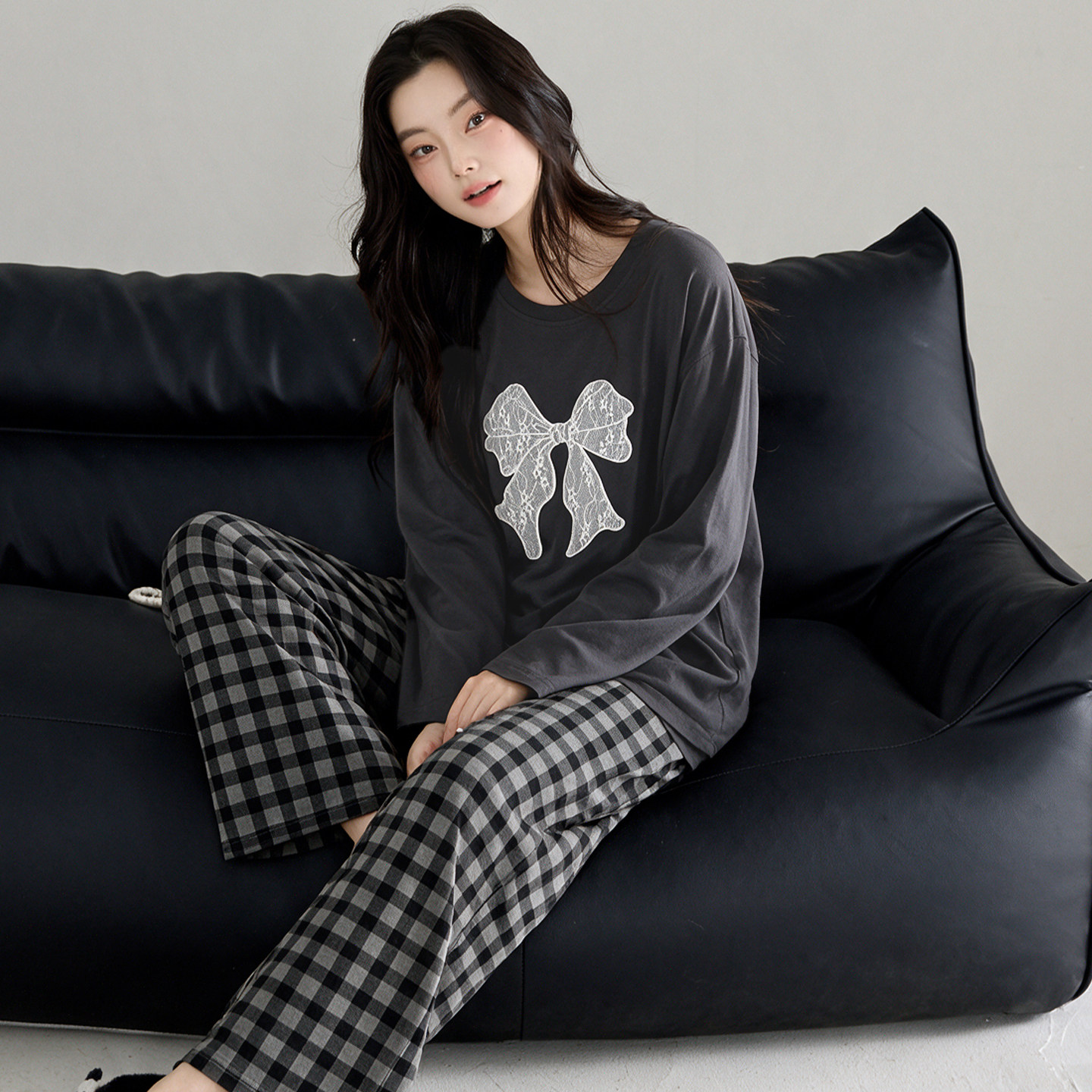 新款睡衣女春秋款秋季纯棉长袖格纹裤家居服秋天休闲圆领蝴蝶结