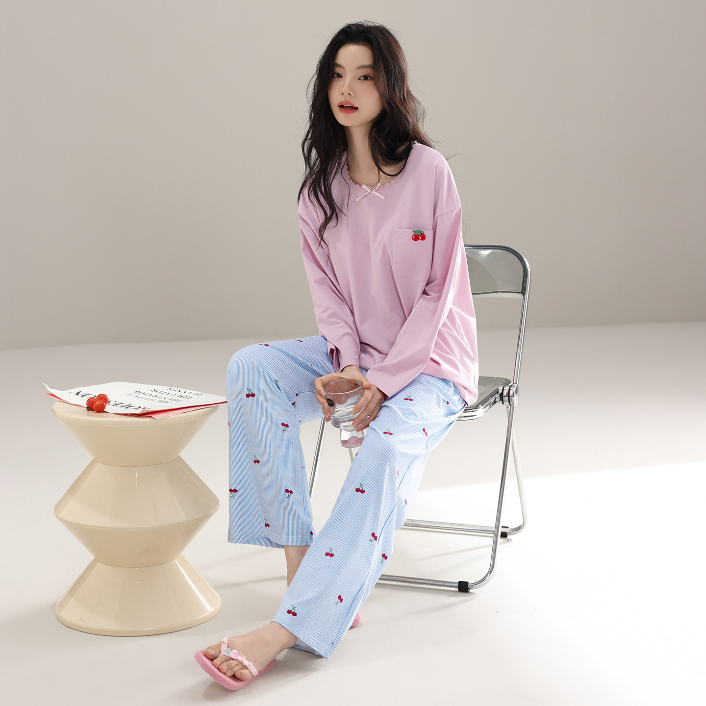 2026春秋季睡衣女100%棉花边圆领带胸垫长袖甜美青年外穿家居服女