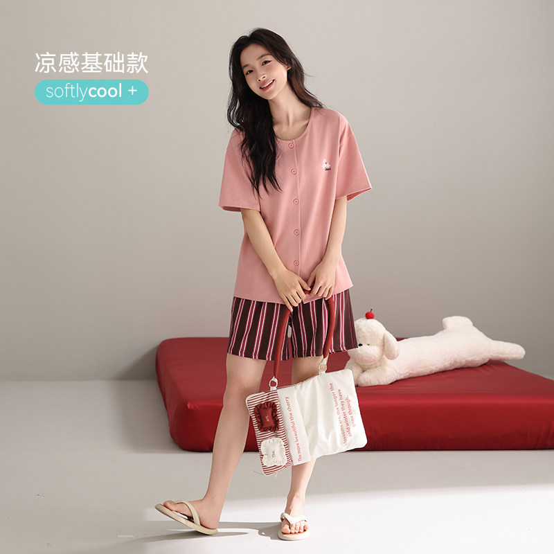 新款纯棉睡衣女士夏季短袖短裤条纹圆领休闲粉色家居服宽松套装
