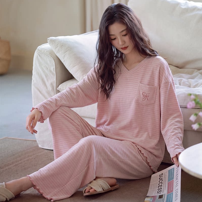 2026秋冬季德绒保暖睡衣女长袖长裤舒适亲肤加厚条纹控家居服套装