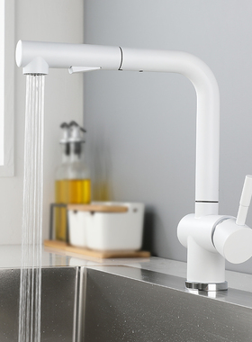 WINMV 不锈钢多功能白色抽拉厨房水槽防溅水龙头冷热双出水可旋转