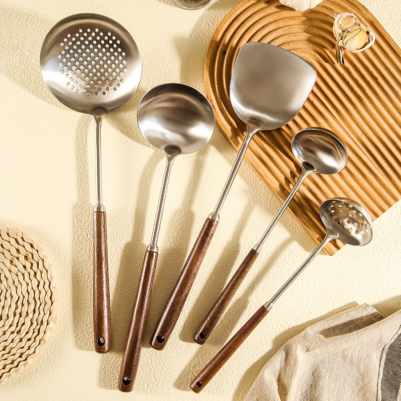 慕祈斯锅铲家用不沾锅专用不锈钢炒菜铲子胡桃木柄把汤勺漏勺套餐