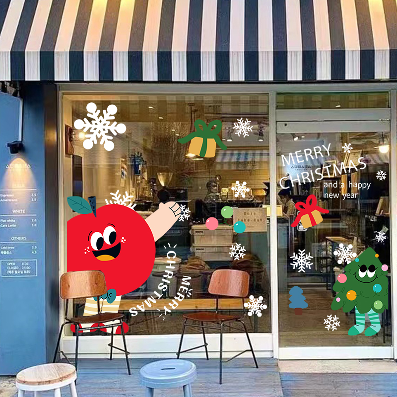 创意卡通圣诞节装饰玻璃橱窗贴画雪花苹果商场酒店圣诞氛围布置图片