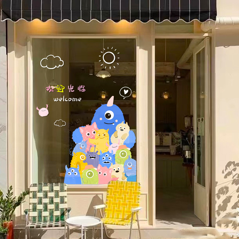 网红小怪兽插画贴纸 ins风店铺橱窗玻璃门搞怪卡通可爱贴来图定制