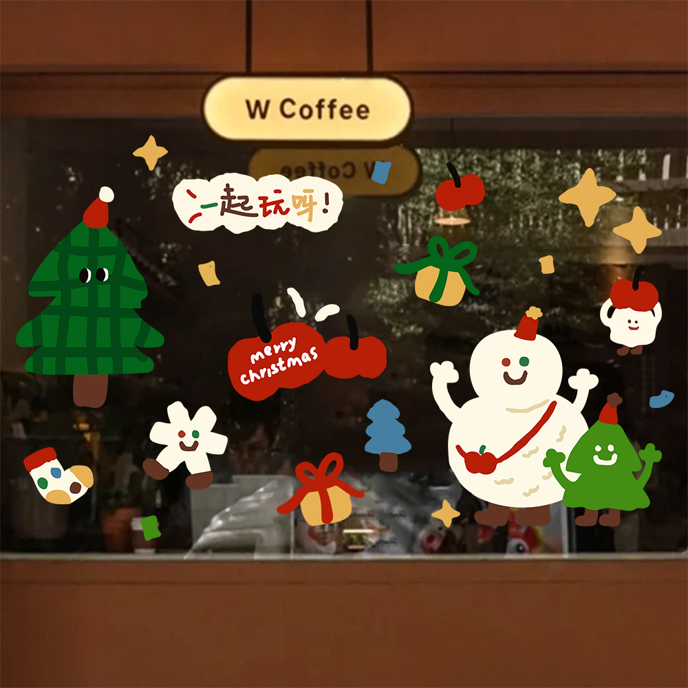 圣诞节装饰贴纸圣诞树雪人玻璃门贴商场店铺节日氛围布置橱窗海报