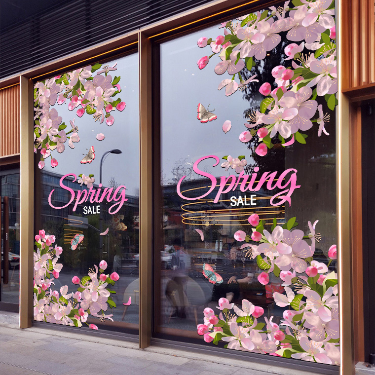 春天桃花静电装饰贴膜商场酒店服装店铺玻璃门窗气氛布置贴画窗花图片