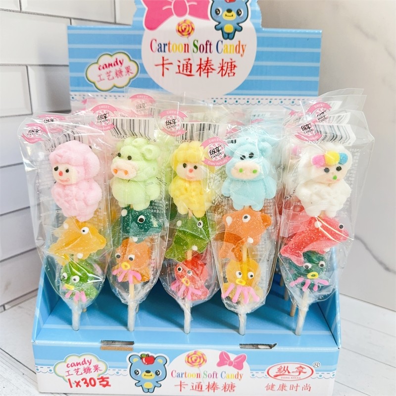 30支盒装卡通果汁软糖儿童糖果卡通水果糖棒棒糖批发糖葫芦串糖果