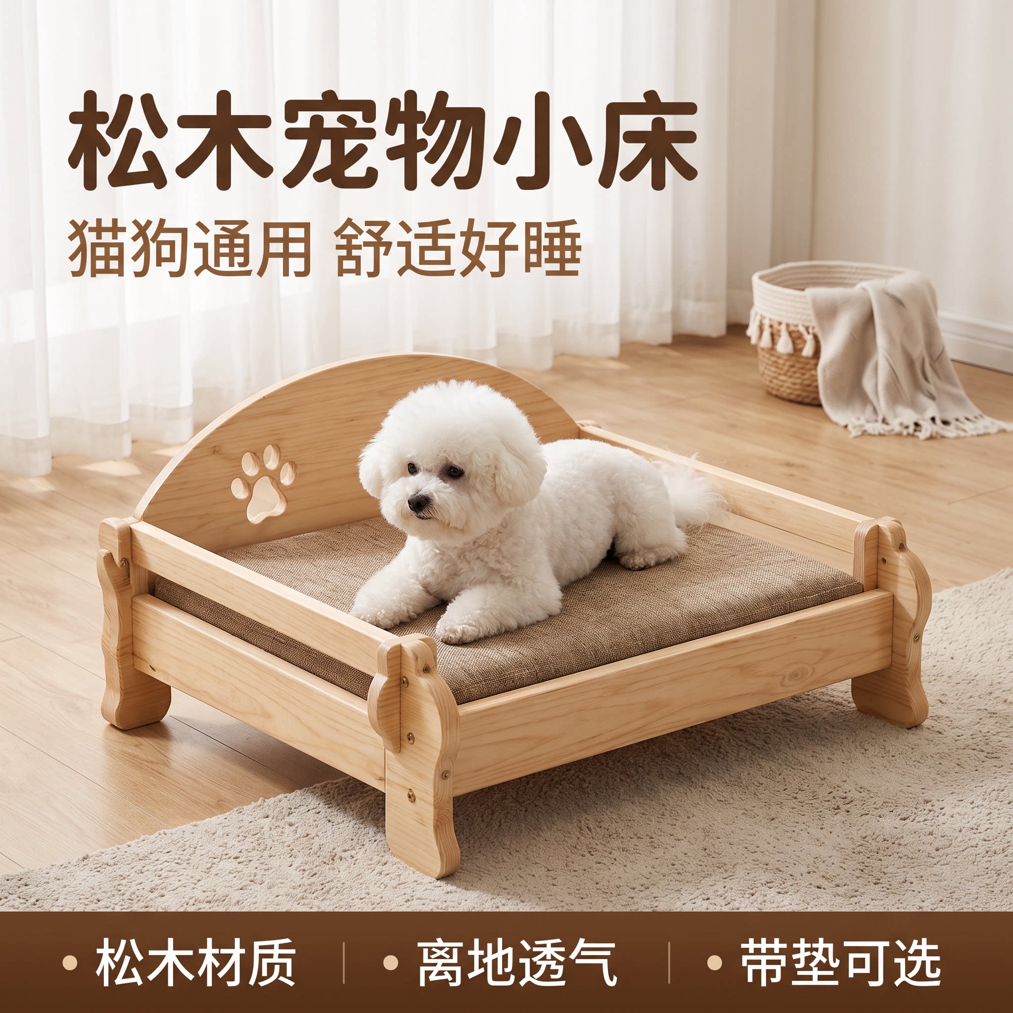 全实木宠物床离地防潮可拆洗软包中小型犬泰迪比熊四季通用猫狗窝