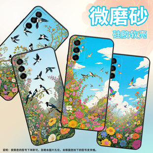 适用三星M02手机壳M14花海喜鹊SM M145F黑色M20硅胶M21s保护套 M105F全包边samsungM12磨砂壳M10防摔爆SM