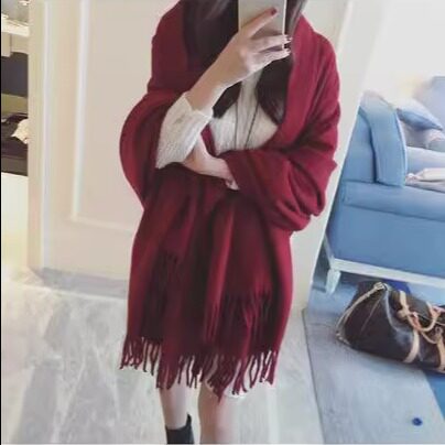 红色围巾女冬季韩版百搭长款仿羊绒披肩流苏纯色学生简约围脖