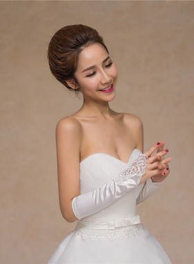 婚纱遮手臂神器新娘手套无指小花平板绣花缝珠手袖婚纱礼服红色