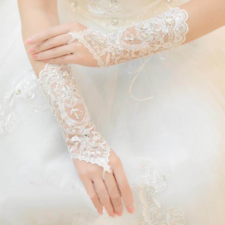 礼服手套新款蕾丝新娘婚纱礼服手套高档手工缝钻露指结婚手套