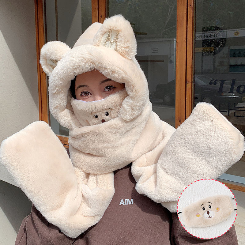 帽子手套可爱小熊2024新款帽子围巾一体毛绒线帽加绒保暖女帽