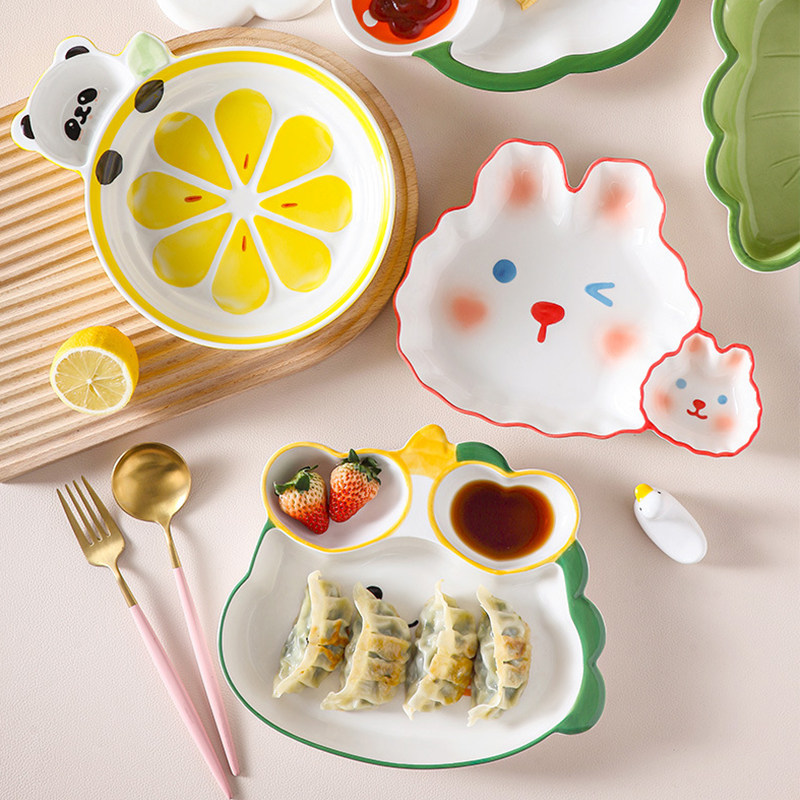 带醋碟的饺子盘陶瓷盘卡通萌趣饺子盘带蘸料碟创意儿童分隔盘家用