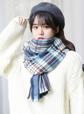 披肩两用围巾女冬季欧美双面英伦加厚长保暖毛边千鸟格披肩两用