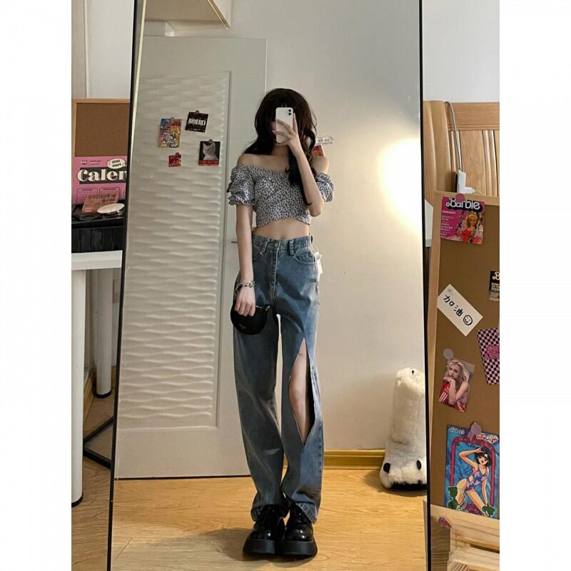 宽松直筒高腰蓝色刀割破洞牛仔裤女BF显瘦显高网红炸街阔腿拖地裤