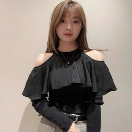 纯元 人气红牌SN1del 圆领露肩荷叶边针织长袖