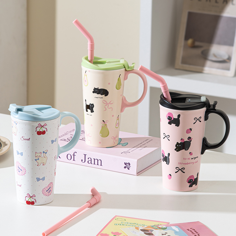 可爱猫咪陶瓷吸管杯大容量