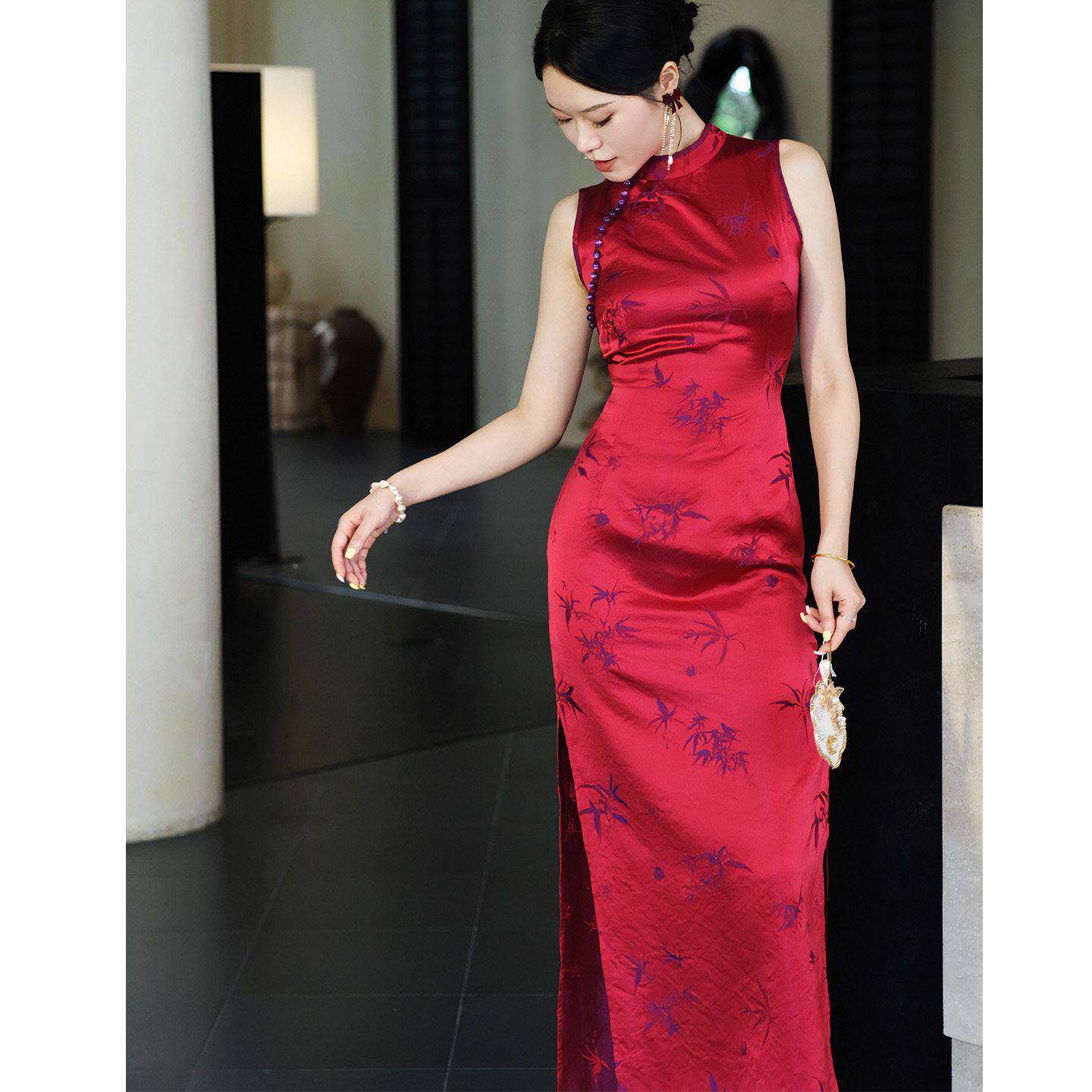 鹿瑰与玫绝美新式红显色旗袍礼服订婚气质瘦连衣中裙女20YPG25新