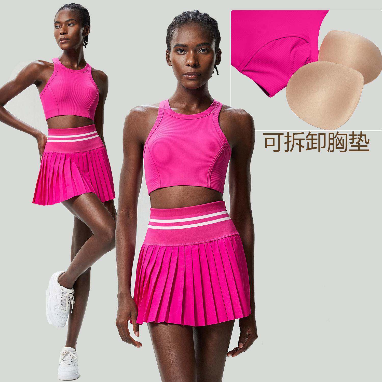 运动健身瑜防伽套服装女走光短口袋网球裙速干裙防震美背422+461