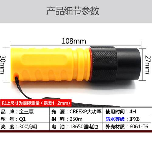 金三赢Q1迷你专强光潜水电筒可充电防水LED远Q1B手射户业外登骑行