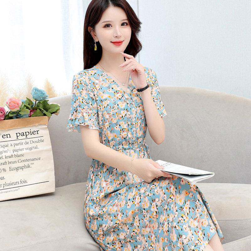 2026新款高棉绸衣裙夏季小皱菊碎A-2412V花收腰中长款外穿端绵连