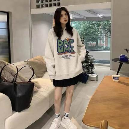 纯棉重磅圆领卫衣宽松美式复古加绒加厚百搭无帽上衣女