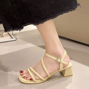 气质凉鞋女款2024年夏季新款中跟粗跟一字带交叉仙女风配裙子凉鞋