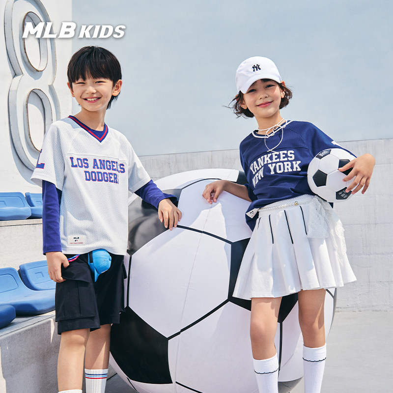 MLB儿童官方男女童经典撞色条纹宽松复古字母印花T恤26春夏新款