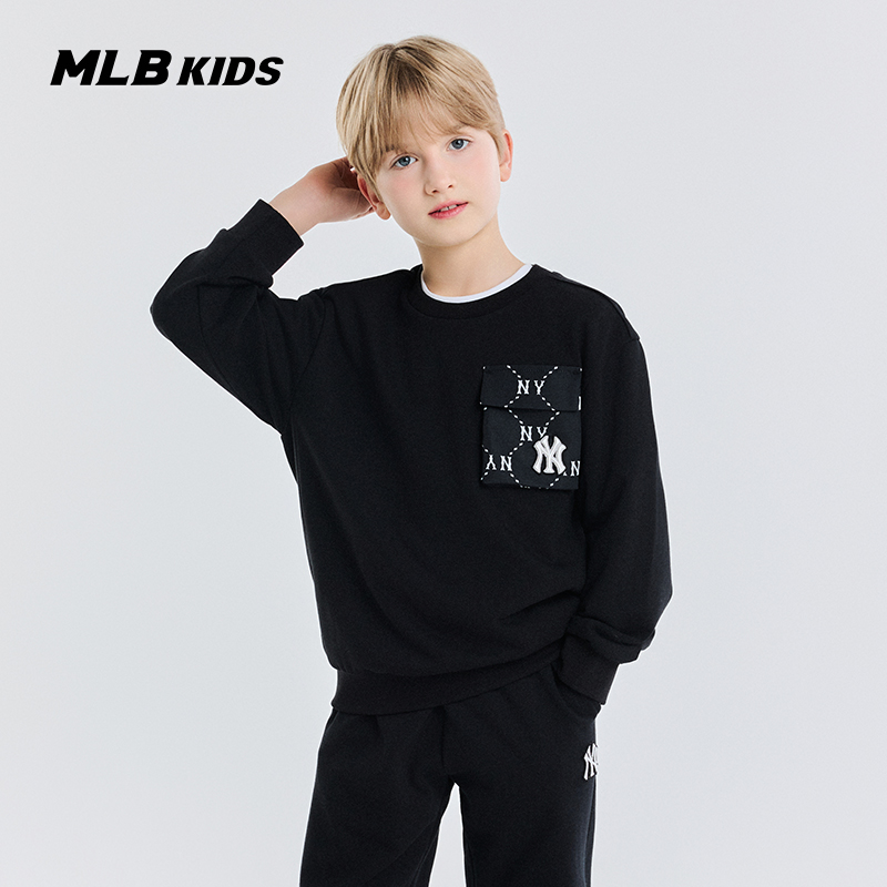 MLB儿童官方男女童复古潮流钻石老花拼接口袋圆领卫衣25春夏新款