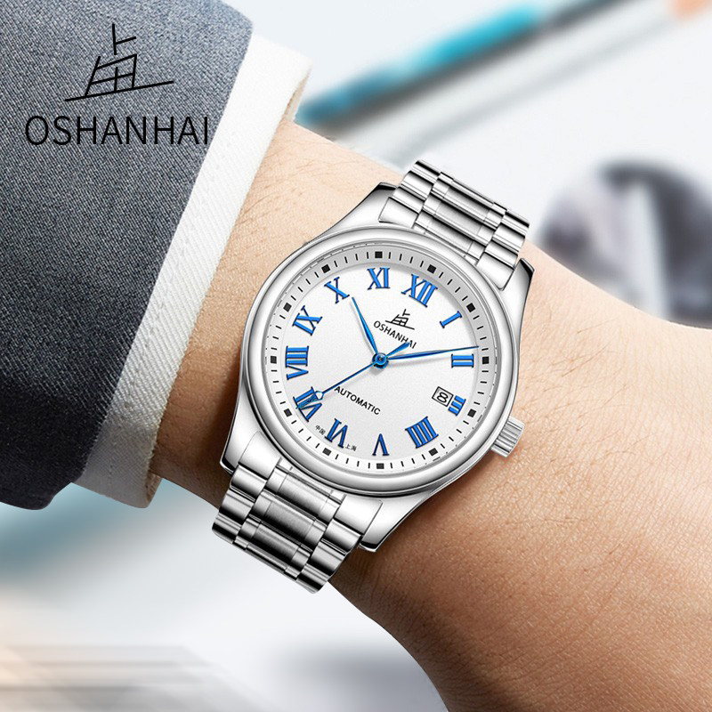 上海老乱牌机械自动男士全钢商务简约罗马款国表金典蓝色超薄单历