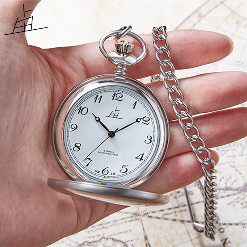 上海老乱牌新品机械上弦精品钢壳链条送父母经典简约精致复古怀表