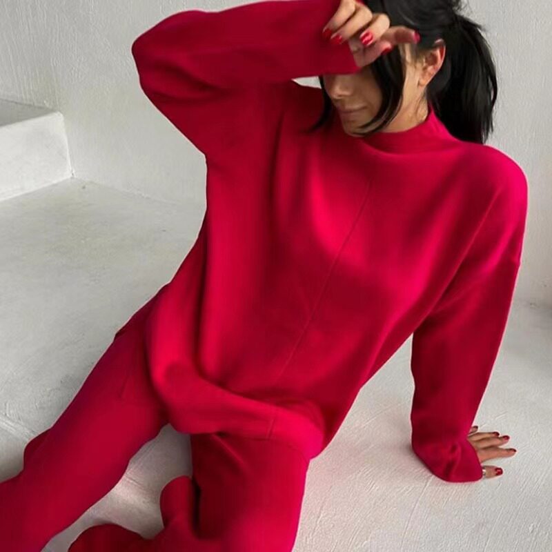 欧美宽松休闲毛衣针织上衣长裤套装knitted sweater trousers set