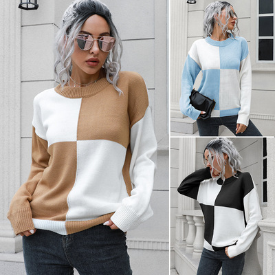 Women board plaid sweater women loose long sleeve sweater