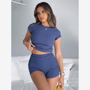 欧美2023秋冬新款纯色短袖T恤包臀高腰短裤休闲运动套装女两件套