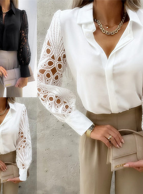White Lace Shirts Women Blouse 2024 Spring Black Tops Ladies
