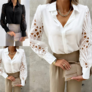 White Lace Shirts Women Blouse 2024 Spring Black Tops Ladies