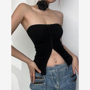 音乐节辣妹穿搭黑色褶皱抹胸背心女外穿内搭小众设计显瘦短款上衣