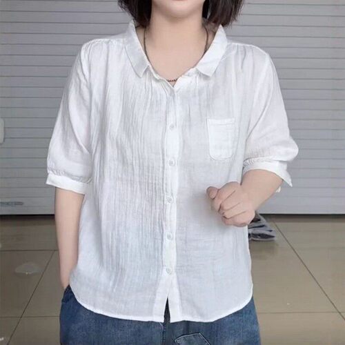 大码女装欧货宽松翻领正肩短袖衬衫胖mm夏季新款遮肉显瘦半袖上衣