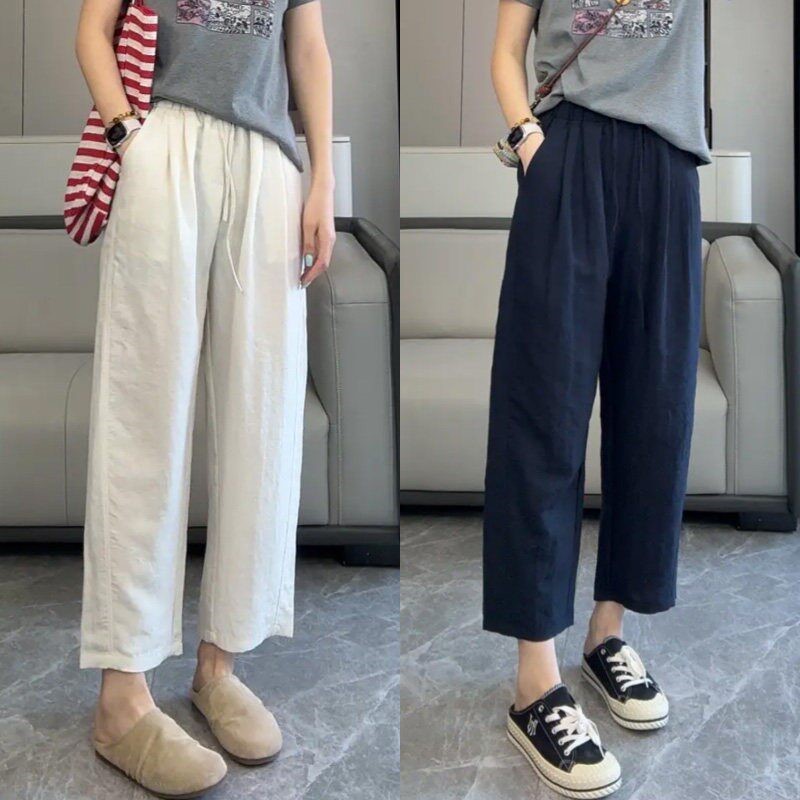夏季九分天丝亚麻阔腿裤女薄款2026新款棉麻八分休闲女士冰丝裤子