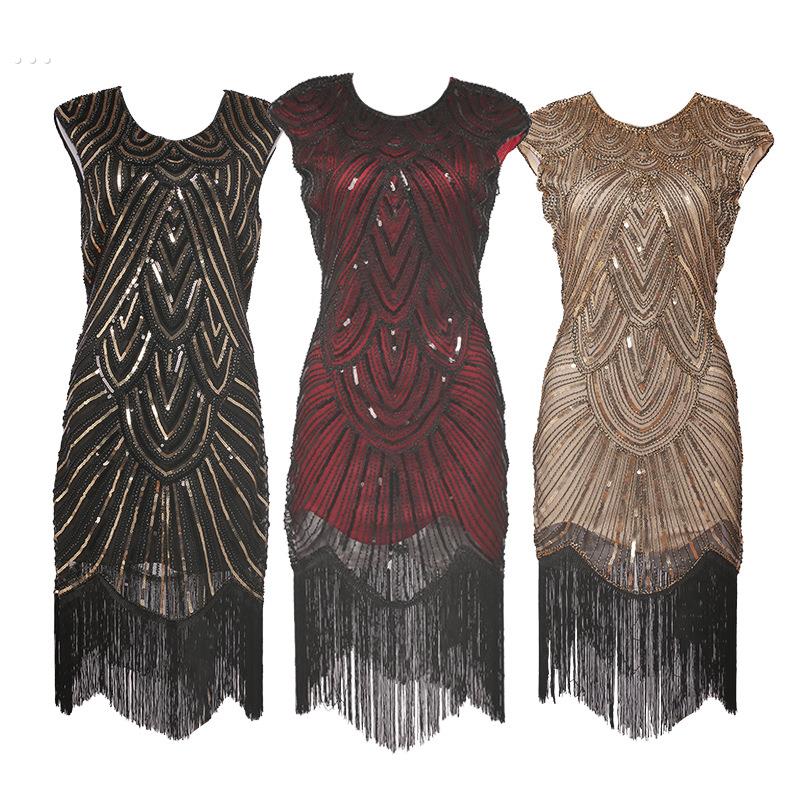 1920S复古爆款欧美亮片流苏编织连衣裙欧美电影礼服裙年会晚礼服
