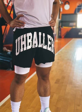 UH美式短裤黑色不过膝速干透气篮球五分裤科技纤维材质运动健身男