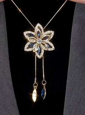 时尚可抽拉蓝色花朵流苏毛衣链女网红爆款轻奢气质百搭精美毛衣链