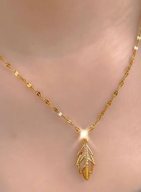 高级感猫眼石树叶吊坠项链女个性时尚锁骨链小众设计金色气质颈链