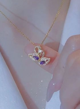 高级感紫水晶双天鹅项链女钛钢网红百搭锁骨链优雅精致2022新款潮