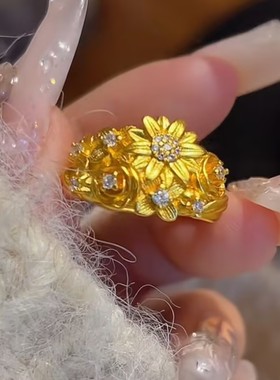 新中式金色繁花戒指女网红爆款小众设计轻奢气质高级感精美戒指女